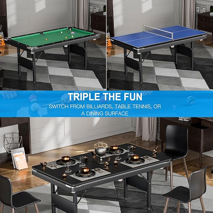 3 in 1 Billiard Table, 5.5 FT Folding Pool Table with Ping Pong Table and Dining Top, Multi Game Table Includes Billiard Accessories and Tennis Paddles for Family Game Room, Basements