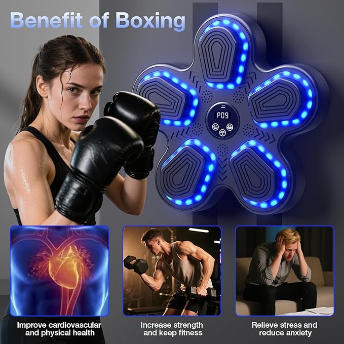 Music Boxing Machine, Bluetooth Punching Trainer with Boxing Gloves, Wall Mount Boxing Target Equipment for Adults Kids, Boxing Workout Equipment Pad for Home, Office, Gym, 10 Modes & 9 Speeds