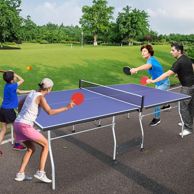 Rakon Blue Folding Rolling 8×4 FT Table Tennis Table Indoor and Outdoor Table Tennis Table, 2 Rackets, 3 Balls, 1 Net and 4 Wheels Set Behind It for Easy Movement