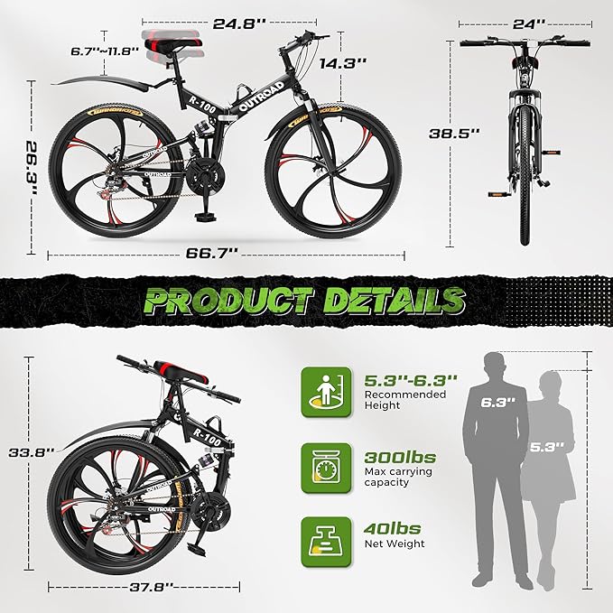Outroad Folding Mountain Bike Foldable/Unfoldable Bike 26 Inch for Adult, 21-Speed Dual Suspension High-Carbon Steel MTB Foldable Bicycle, Dual Disc Brake Folding Bikes for Women and Men