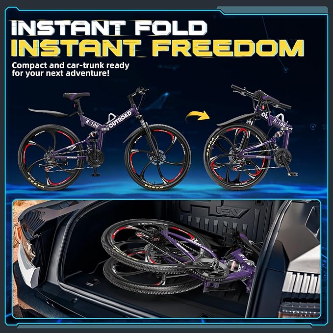 26 Inch Folding Mountain Bike with High Carbon Steel, 21 Speed City Bike with Dual Suspension, Folding Bicycle for Adults Men and Women