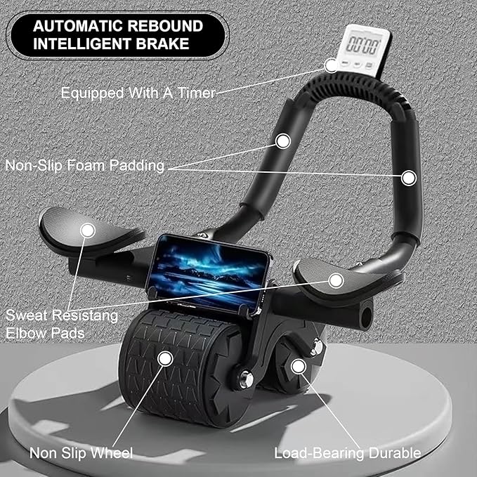 Bersauji 2025 New Ab Roller Wheel with Knee Mat &Timer, Automatic Rebound Abdominal Wheel, Ab Abdominal Exercise Roller with Elbow Support, Abs Workout Equipment Ab Exercise Roller for Women Men.