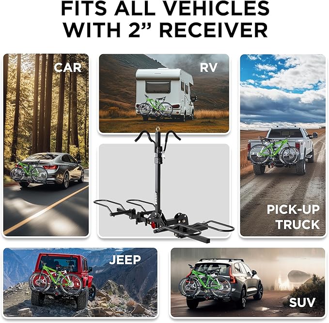 Young 200 lbs. Capacity Hitch Mounted 2-Bike Rack with Lock for Standard, Mountain, Fat Tire Bikes, fit Car, SUV, Van, RV, Trailer, Truck