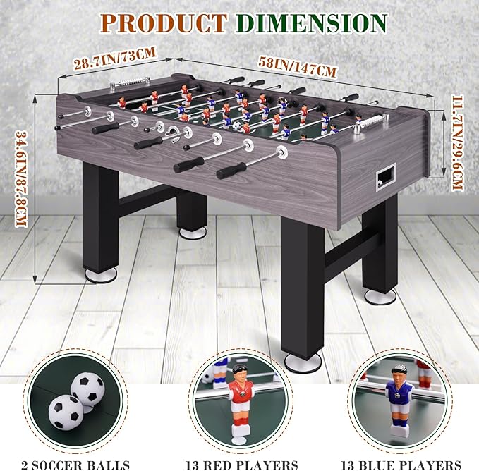 Large Size Foosball Table Adult Size, Full Size Soccer Game Table w/2 Balls, Leg Levelers & Heavy-Duty Legs, Durable Arcade Football Table for Game Room, Home, Office, Party