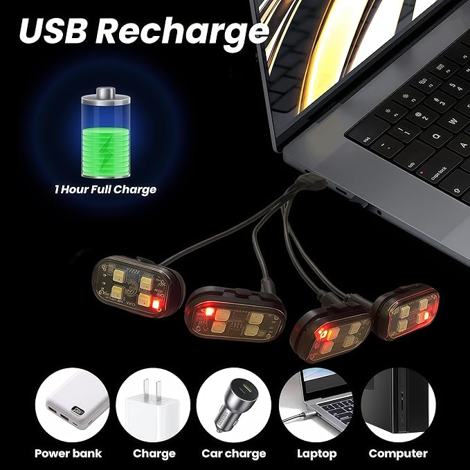 8PCS Wireless LED Strobe Lights with Remote Control, RGB 8 Colors Multifunction, USB Charging Waterproof Anti-Collision Tail Warning Mini Light for Car Motorcycle Trucks Bike Drone Aircraft (8)