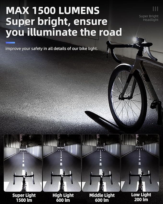 ROCKBROS 1500 Lumens Bike Light for Night Riding, 5000mAh USB-C Rechargeable Bike Headlight, Aluminium Alloy IPX6 Waterproof Bike Front Light, 5 Modes & Auto Mode Anti-Dazzling LED Bike Light