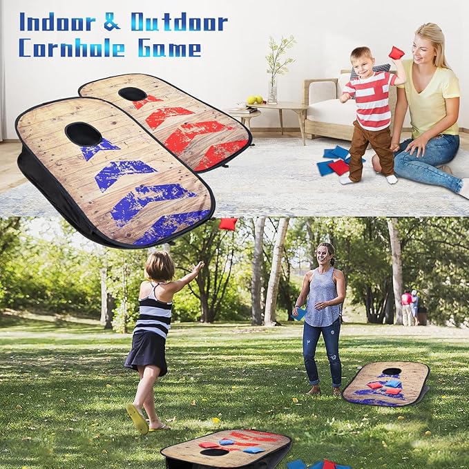 Portable Cornhole Set PVC Framed Corn Holes Outdoor Game Set with 2 Cornhole Boards, 8 Cornhole Bean Bags and Carrying Case, Camping Games Indoor Outdoor for Kids and Adults, Travel Camping Accessory