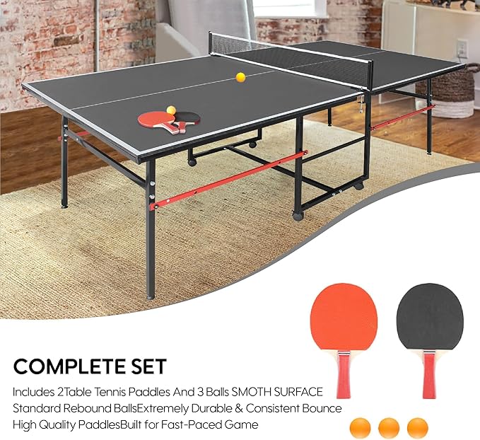 8X4FT Ping Pong Table for Indoor/Outdoor, Foldable Mid-Size Table Tennis Table with Net, 2 Table Tennis Paddles and 3 Balls - Easy Assembly - Tournament Quality - Perfect for Family Game Rooms