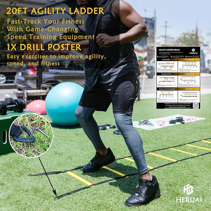 Agility Ladder Speed Training Equipment Set, 20ft Speed Ladder, 4 Hurdles, 10 Speed Cones, Running Parachute, Football Basketball Soccer Training Equipment for Kids Youth Adults - Enhance Speed