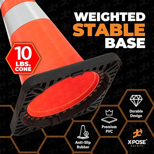 Xpose Safety 28 Inch Orange Traffic Cones Heavy Duty 10lb with 6" & 4" Collars, 4 Pack - Multipurpose PVC Plastic Safety Cone for Parking, Soccer, Caution, Kids and Construction - DOT Approved