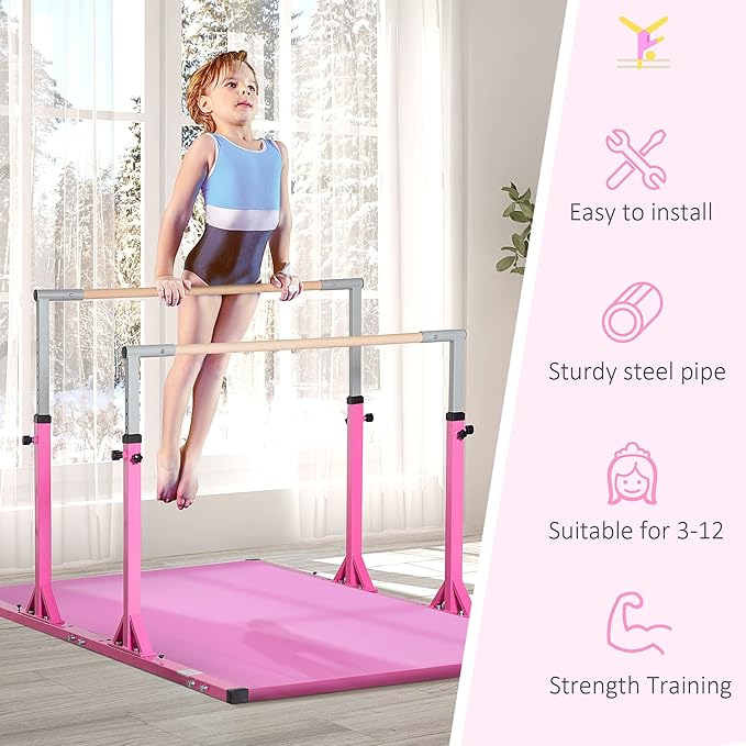 Qaba Double Horizontal Bars, Junior Uneven Bars Gymnastics for Home with 13-Level 36"-59" Adjustable Heights, 6-Level Adjustable Width - Pink
