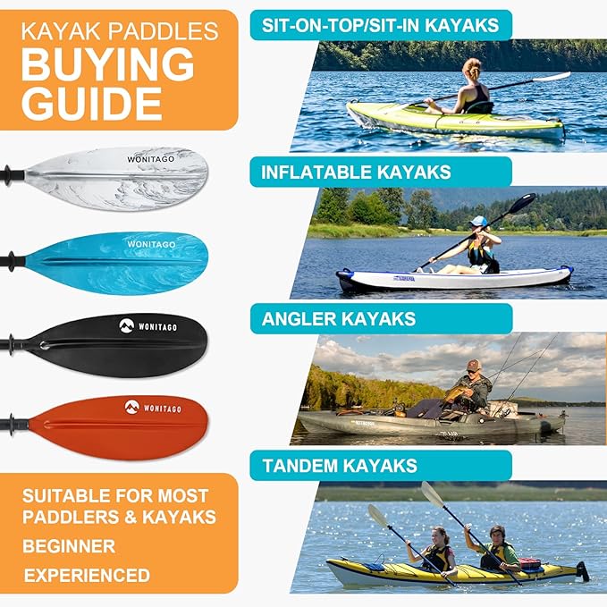 Kayak Paddle with Aluminum Shaft and Reinforced PP Blade, Floating Kayak Oar for Kayaking Canoeing and Boating, 220 cm/86 inches - 230 cm/90 inches