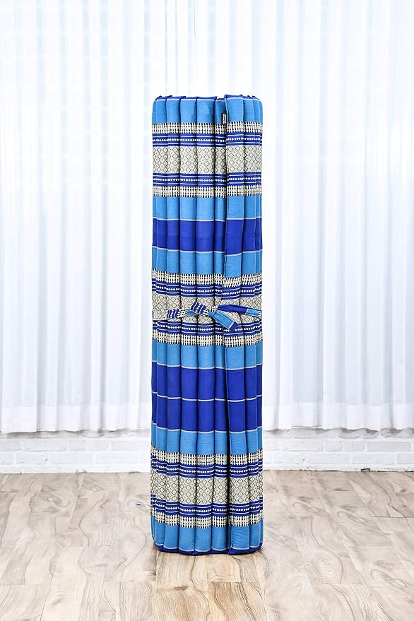 Leewadee - Foldable Floor Mattress - Japanese Roll Up Futon -Trifold Tatami Mat- Guest Floor Bed - Camping Mattress - Thai Massage Mat, Kapok Filled, 75 x 57 inches, Blue