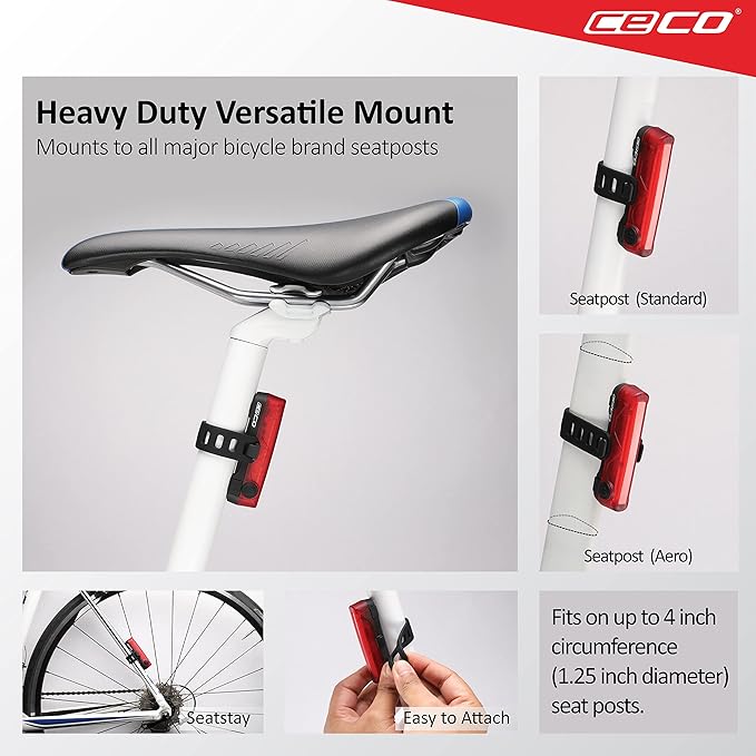CECO-USA: 80 Lumen USB Rechargeable Bike Tail Light - Super Wide & Bright Model TC80 Bicycle Rear Light - IP67 Waterproof, FL-1 Impact Resistant - COB LED Red Safety Light - Pro Grade Bike Tail Light