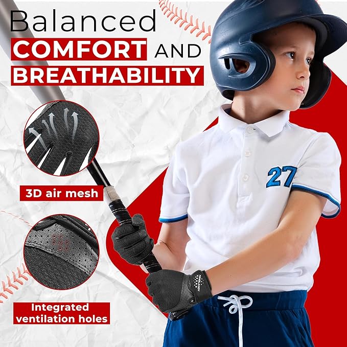 HANDLANDY Baseball Batting Gloves for Adult Youth, Grip Breathable Softball Batting Gloves Fit Men Kids Boys Girls
