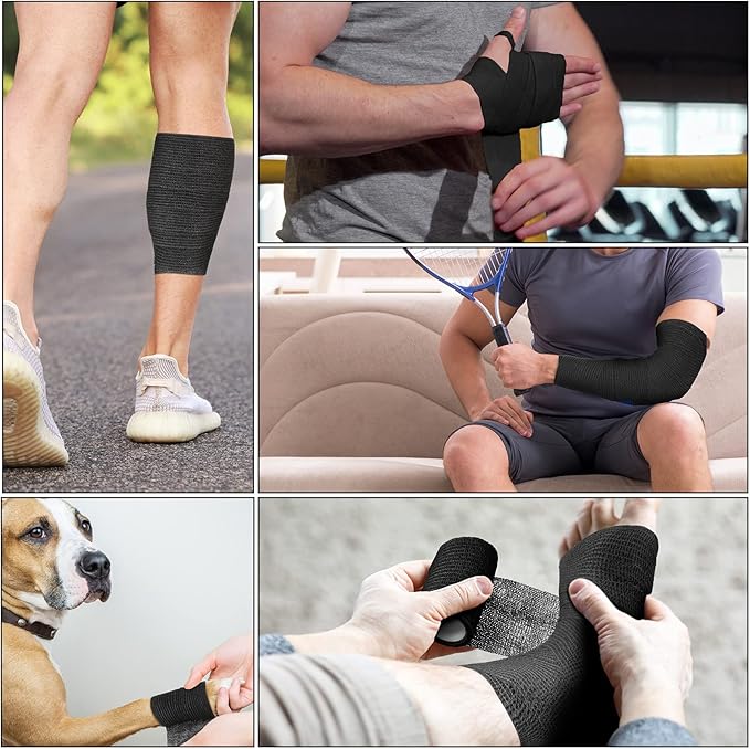 Treela 48 Pack Self Adhesive Wrap Bandage Bulk, 2 Inches x 5 Yards Self Adherent Cohesive Bandage Elastic Athletic Tape Breathable Wound Tape for Stretch Athletic Sports Wrist Ankle(Black)
