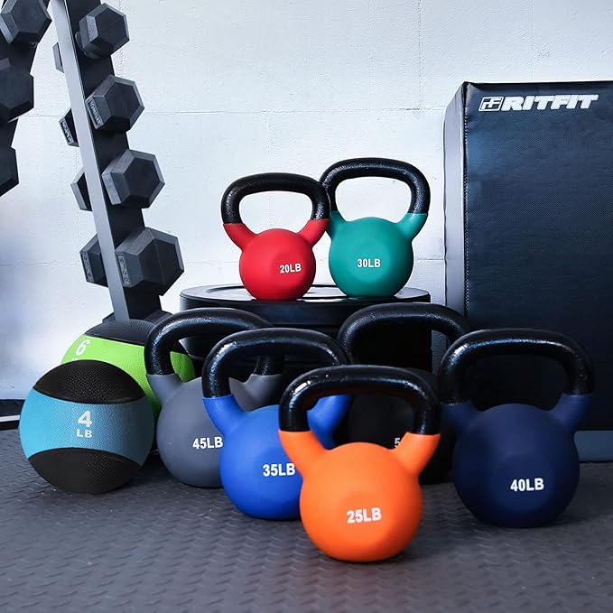 RitFit Neoprene Coated Solid Cast Iron Kettlebell 5 10 15 20 25 30 35 40 45 50 LB, Great for Full Body Workout, Cross-Training, Weight Loss & Strength Training