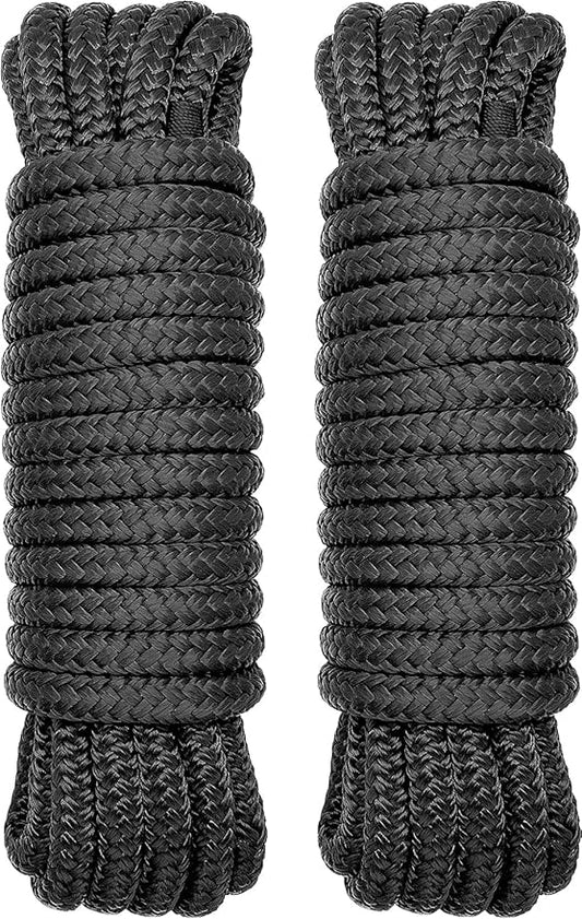2 Pack 1/2" x 25' Boat Dock Lines - Marine Grade Nylon Boat Rope with 12" Loop for Docking and Mooring - Double Braided Boat Lines, High Strength, Easy Handling, Fray Resistant - Black