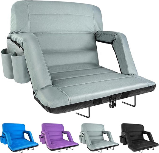 Stadium Seats with Back Support Wide, Exclusive Bleacher Chairs with Back and Cushion Folding Stadium Chairs, 6 Reclining Positions Waterproof Bleacher Seats with 2 Hooks (Wide|22.5" Grey)