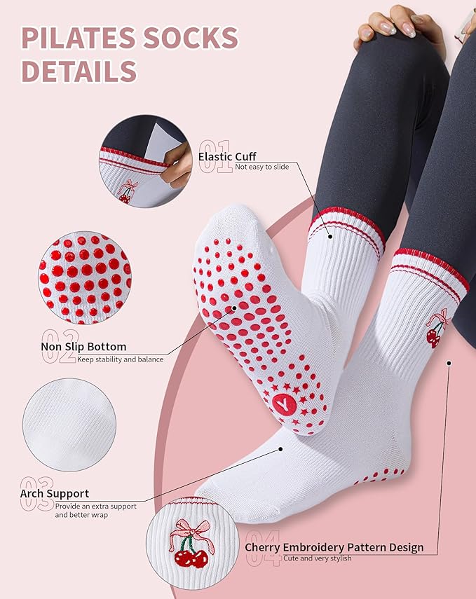 Yawlsow Pilates Grip Socks for Women Yoga Grippy Socks Cute Barre Non Skid Athletic Crew Sticky Sock Workout Hospital