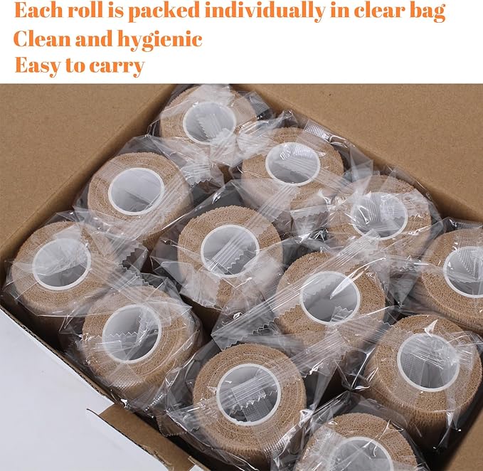 24 Rolls Self Adhesive Bandage Wrap, Vet Wrap 2 Inch, Dogs Bandages for Wounds Care Dressings, Elastic Self Stick Cohesive Bandage Wrap, Leg Wraps, Wrist Tape, Ankle, Sports, Tatto Grip Tape(Brown)