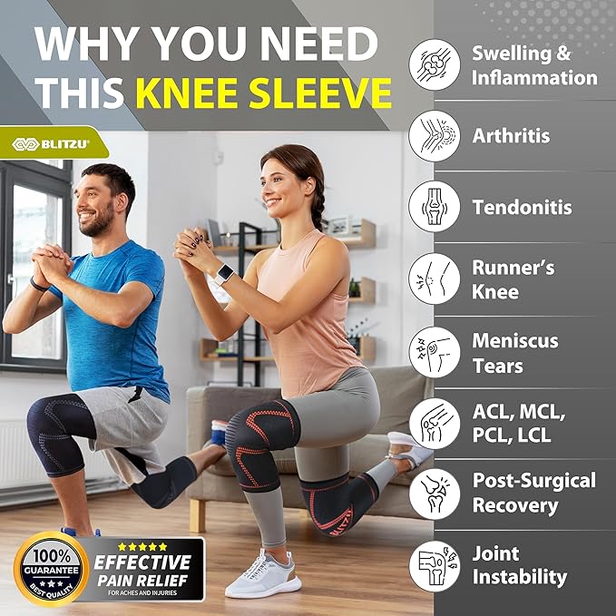 Knee Brace for Women & Men, 2 Pack Compression Knee Brace, Knee Support Sleeve for Pain Relief, Running, Workout, Sports, Knee Braces for ACL, Meniscus Tear, Arthritis and Injury Recovery Jet Black L