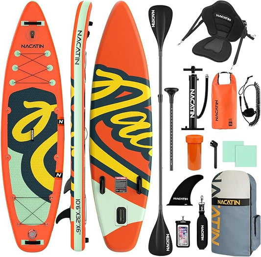 NACATIN Inflatable Stand Up Paddle Board with Kayak Seat,10'6"Upgrade Version Blow Up Paddle Boards for Adults with Premium SUP Accessories&Backpack,Adjustable Paddle,Camera Mount,Fins,Hand Pump