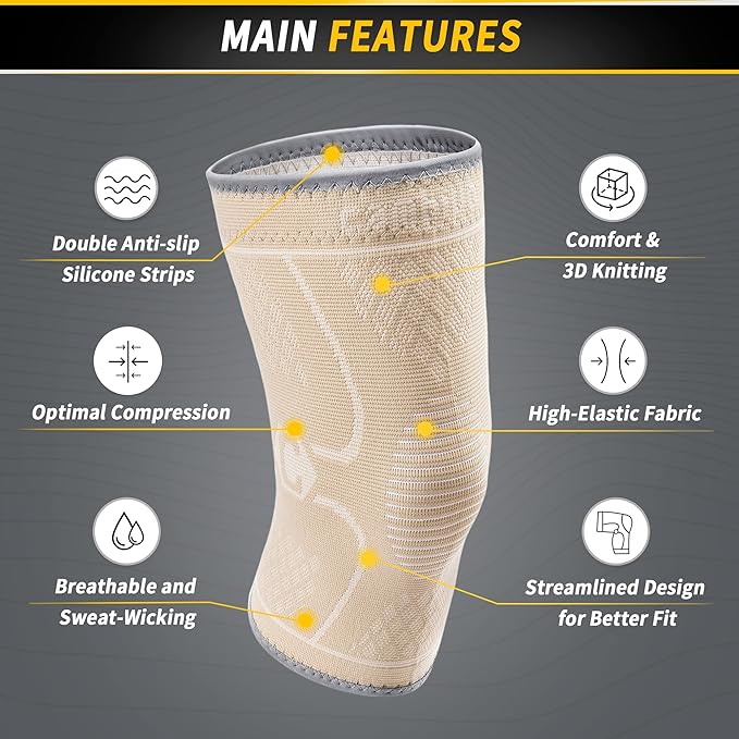 CAMBIVO 2 Pack Knee Brace, Knee Compression Sleeve for Men and Women, Knee Support for Running, Workout, Gym, Hiking, Sports (Beige,Medium)