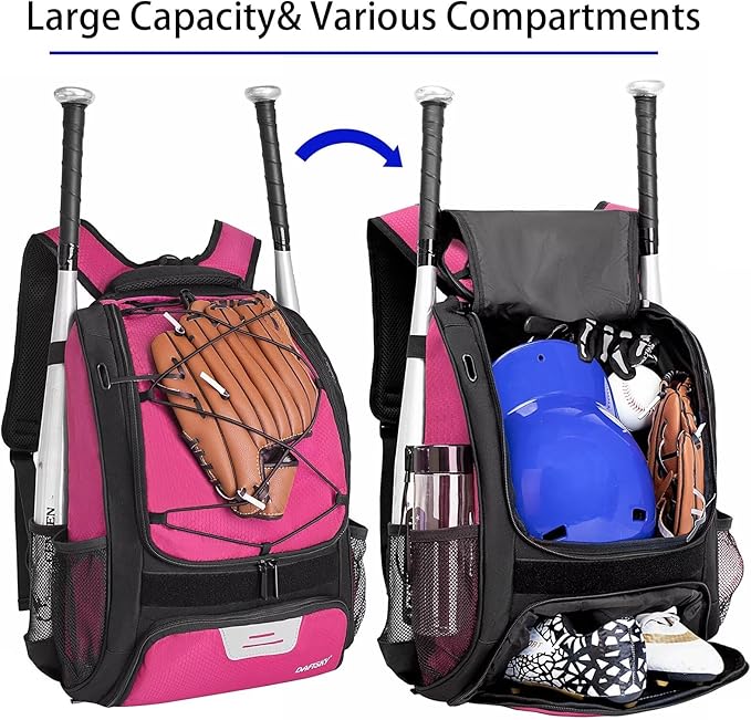 Baseball Bag Softball Backpack - Youth Adult T Ball Bat Equipment Bag with Bat Helmet Holders, Shoe Compartment