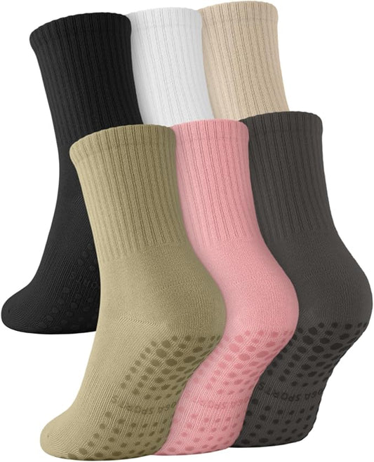 6 Pairs Grip Pilates Socks for Women, Non-slip Yoga Athletic Socks for Barre Ballet Barefoot Workout Hospital
