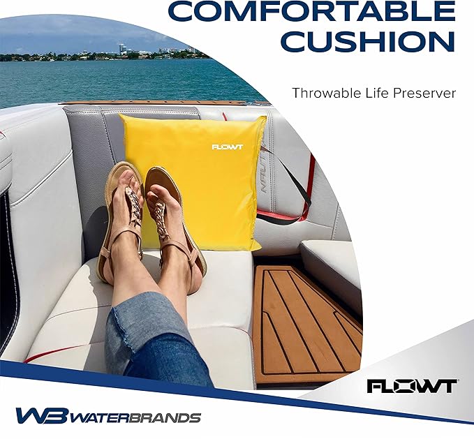 Flowt Boat Seat Cushion and Throw Cushion for Boat Safety – USCG Approved Type IV, Life Cushion for Boat, Durable, Comfortable Boat Seat Cushions for Kayaks, Paddle Board, Canoe and Boating - Yellow
