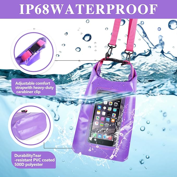 IP68 Waterproof Dry Bag, 2L - Roll Top Waterproof Pool Bag，Dry Bags for Kayaking Waterproof-w/Phone Pouch,Large Waterproof Phone Pouch,Boating & Kayak Accessories Camping (Purple 5L)