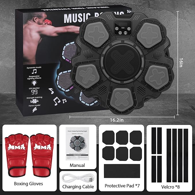 Music Boxing Machine with Force Measuring, Wall Mounted Bluetooth Punching Boxing Pad with Boxing Gloves,Home Gym Boxing Equipment Stress Relief, Sport Toys Gifts for Kids Adult Men Boy Girl, Age14-99