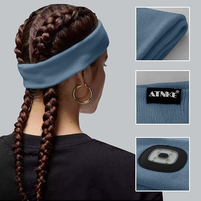 ATNKE 4 LED Lighted Sport Sweatband,USB Rechargeable Running Head Band Lamp High Stretch Wicking Gifts for Men and Women