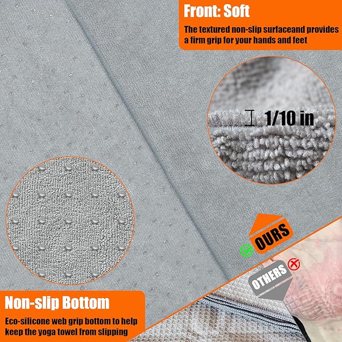 PBHEPJ 2 Pack Hot Yoga Towel, Yoga Mat Towel with Grip Dots (72"x 24"), Microfiber, Super Absorbent Towel Non-Slip for Hot Yoga, Exercise, Fitness, Pilates Gear