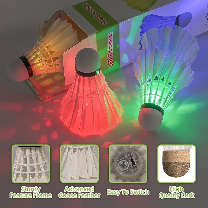 Arespark LED Badminton Shuttlecock, Dark Night Colorful LED Goose Feather Glow Birdies Lighting, Light Up Shuttle-Cocks Badminton Balls for Outdoor & Indoor Sports Activities