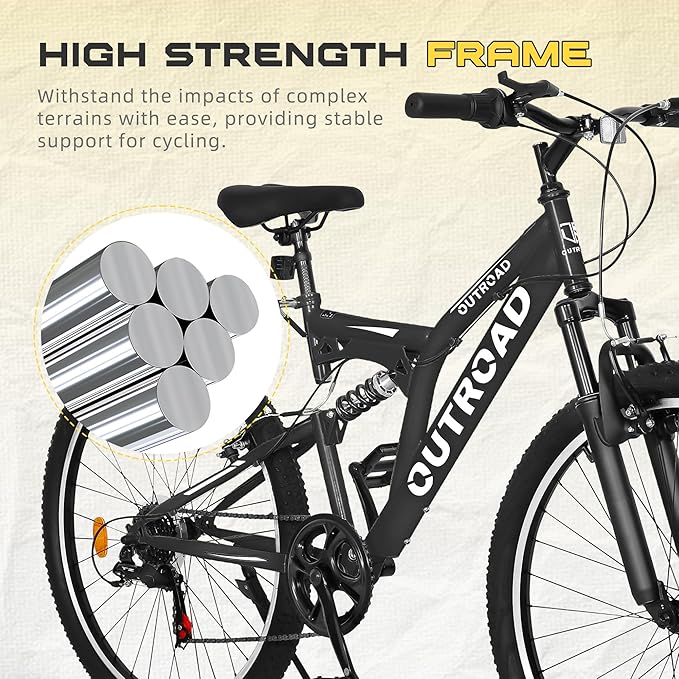 26 Inch Mountain Bike, 7-Speed High-Carbon Steel/Aviation Grade Frame with Dual Suspension, Adjustable Ergonomic Seat for Adults