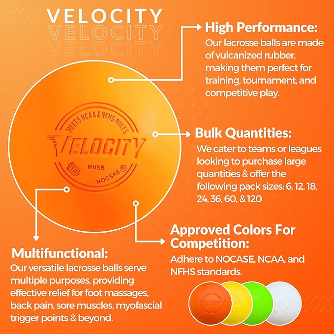 Velocity Lacrosse Balls - 1, 2, 3, 6, 12, 18, 24, 36, 60 and 120 Packs - for Practice, Official NFHS and College Approved Size