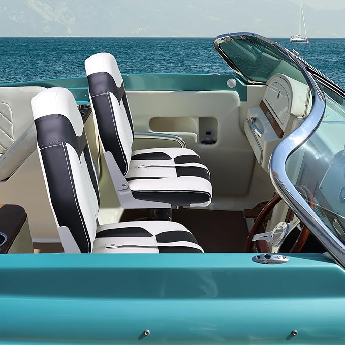 Deluxe High Back Boat Seats, Fold-Down Fishing Boat Seat 2 Pack, White and Black