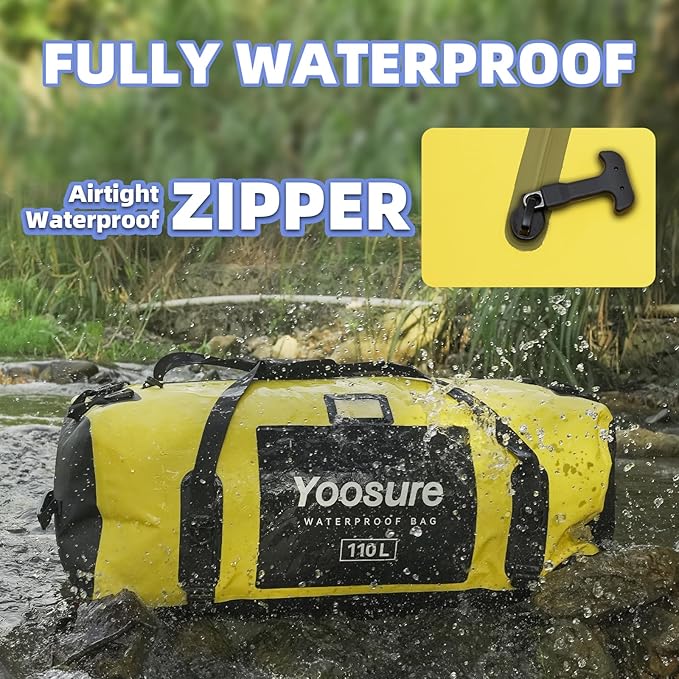 Airtight Zipper Waterproof Duffel Bag 110L- 700D PVC Dry Bag Extra Large Dry Bags with Straps&Handles for Camping Boating Kayaking Rafting Canoeing Gym Beach Car Roof Storage (Yellow)