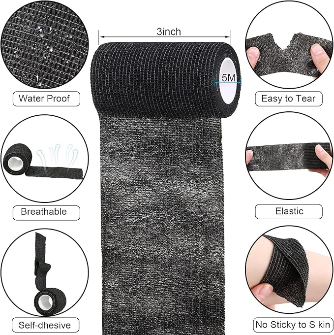 Treela 48 Pack Self Adhesive Wrap Bandage Bulk, 3 Inch x 5 Yard Self Adherent Cohesive Bandage Elastic Athletic Tape Breathable Wound Tape for Stretch Athletic Sports Wrist Ankle(Black)