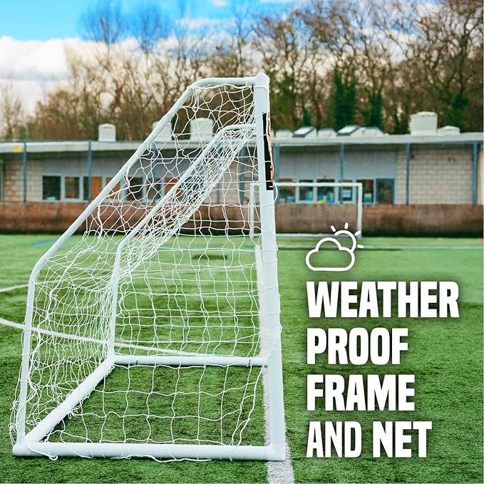 Flick Ultimate All Weather uPVC Soccer Goal with UV treated 70mm thick posts, integrated locking system, and strengthened corners 12x6