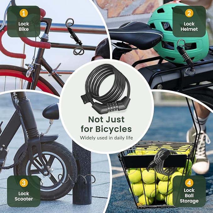 Titanker Bike Lock Cable, 4 Feet Bike Cable Lock Basic Self Coiling Kids Bike Lock Combination with Complimentary Mounting Bracket, 5/16 Inch Diameter (4FT, Black-8mm)