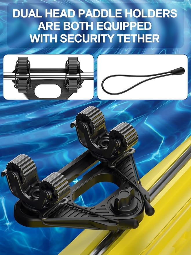 Doubleheader with Dual Kayak Paddle Holder, Multi-Functional Kayak Paddle Holder, Dual Head Kayak Track Mount Accessories with Two Security Tethers - Kayak Oar/Fishing Net/Gaff Holder for Fishing