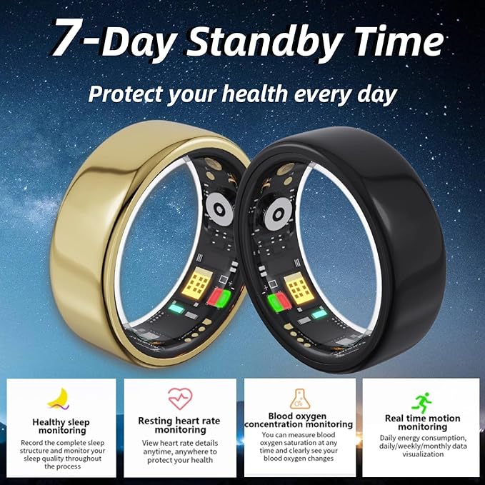 Smart Ring Health Tracker,Sleep Heart Rate Health Monitor, Fitness Tracker, Health Rings for Women & Men 7-Day Ultra Long Standby Time, IPX8 Water-Resistance