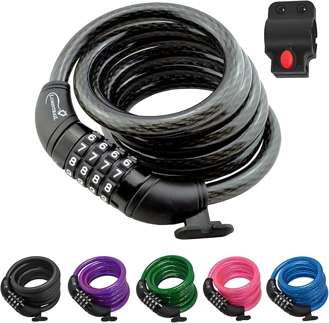 Lumintrail Combination Bike and Scooter Lock Cable - 6ft Bike Locks Heavy Duty Anti Theft with Combinations - Bike Cable Lock Combination with Lock Holder (1 Pack, Black)