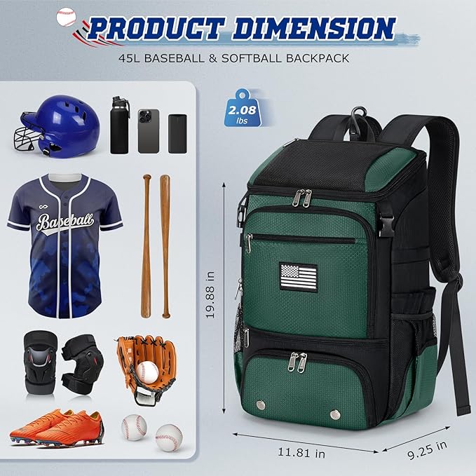 RAINSMORE Baseball Backpack, Lightweight Softball Bag with Shoe Compartment Baseball Bag for Youth & Adult Softball Bat Bag with Fence Hook Helmet Holder Sports Backpack for T-Ball