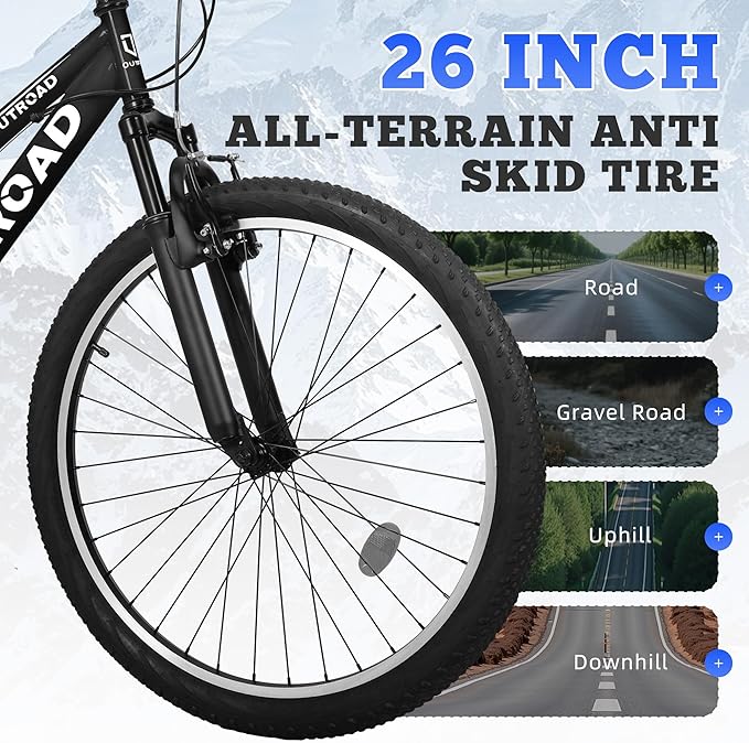26 inch Mountain Bike, Outdoor Hybrid Bikes,7-Speed/High-Carbon Steel/Dual Full Suspension, for Men Women Adult, MTB Bicycle with Suspension Fork,Sleek Colors