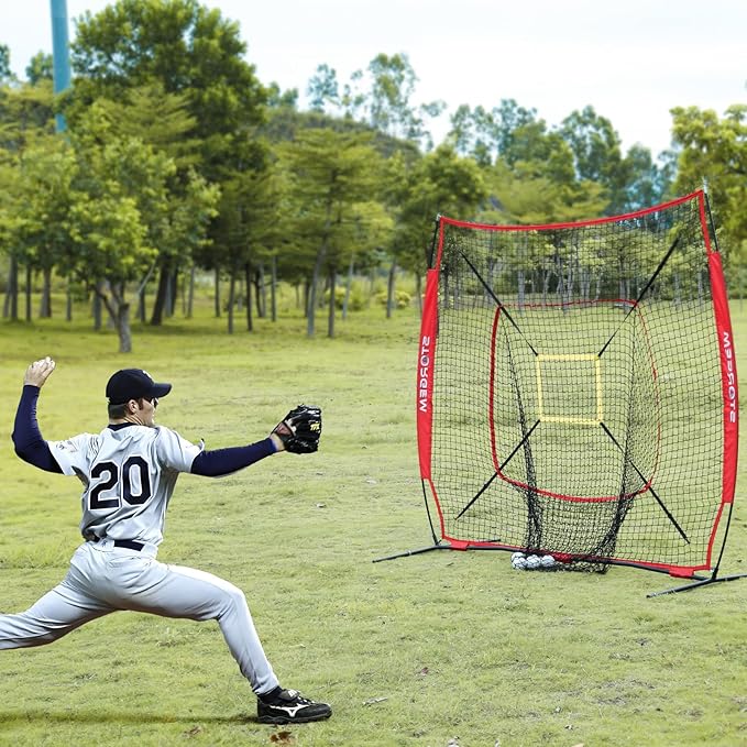 Storgem Baseball and Softball Practice Net 7×7ft Portable Hitting Pitching Batting Training Net Baseball Backstop Net with Batting Tee and Strike Zone and Bow Frame