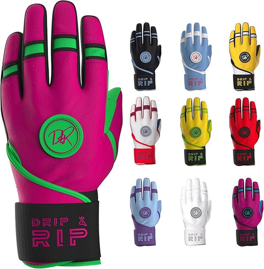 Drip & Rip Baller Series - Youth Batting Gloves + Adult Batting Gloves - for Softball and Baseball - Long Cuff Style for Men and Youth